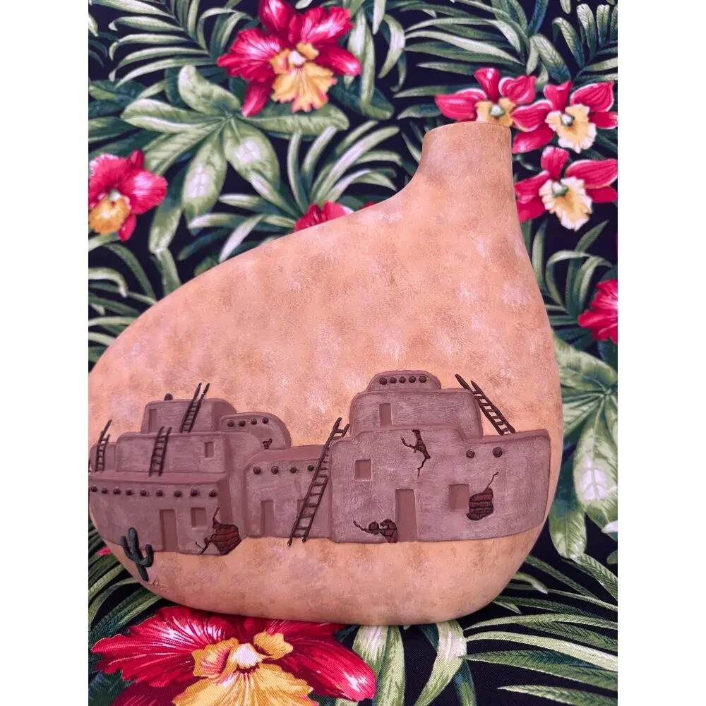 Vintage Ceramic Mexico Adobe House Cactus Pillow Vase Decor